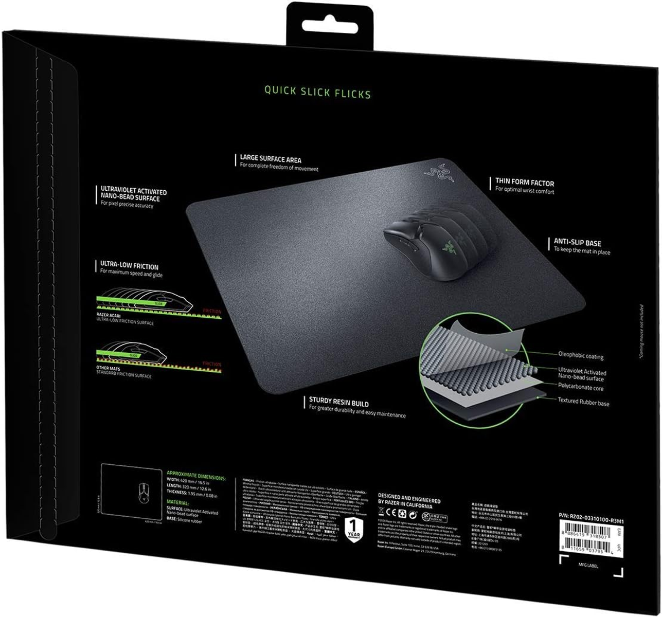 Czarna podkładka pod mysz Razer z myszą i szczegółami dotyczącymi powierzchni, tarcia i podstawy.