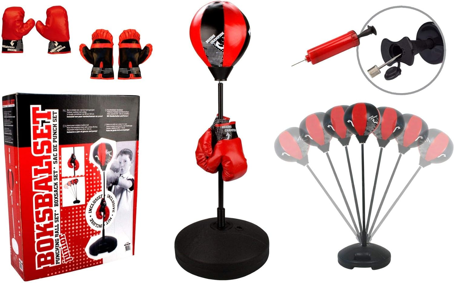 Set di allenamento boxe con guantoni rossi, sacco, supporto e accessori.