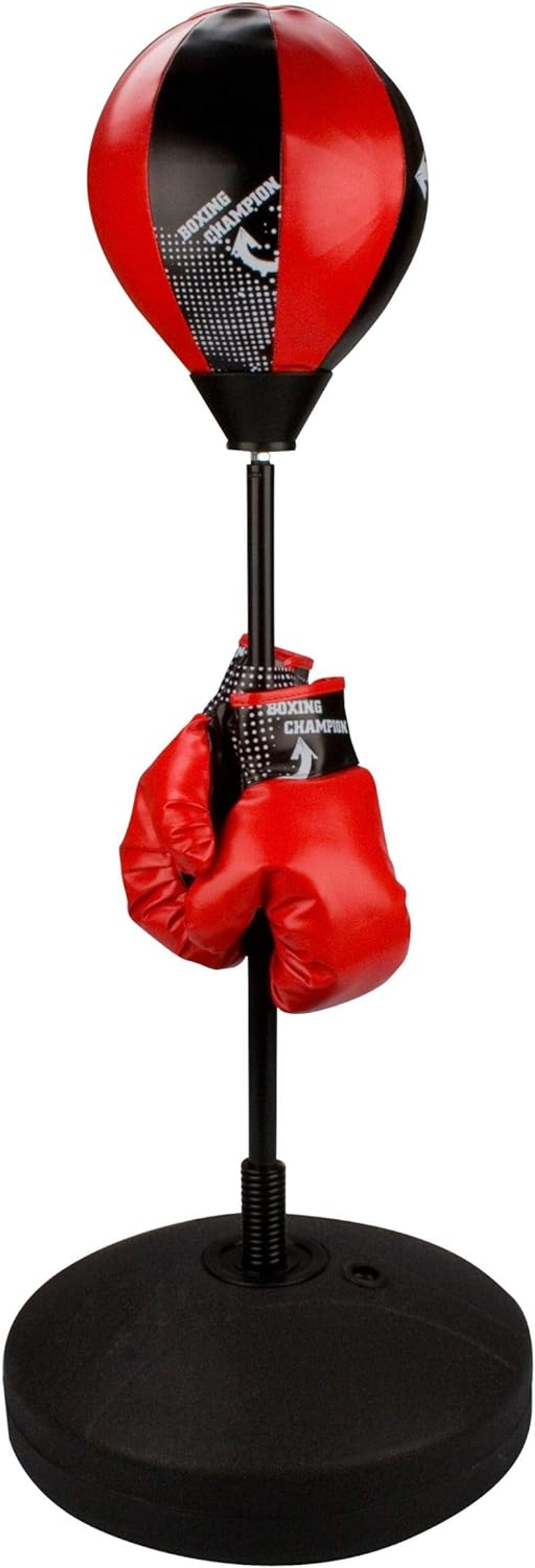 Set da allenamento di boxe con sacco da boxe rosso e nero e guantoni rossi su un supporto.