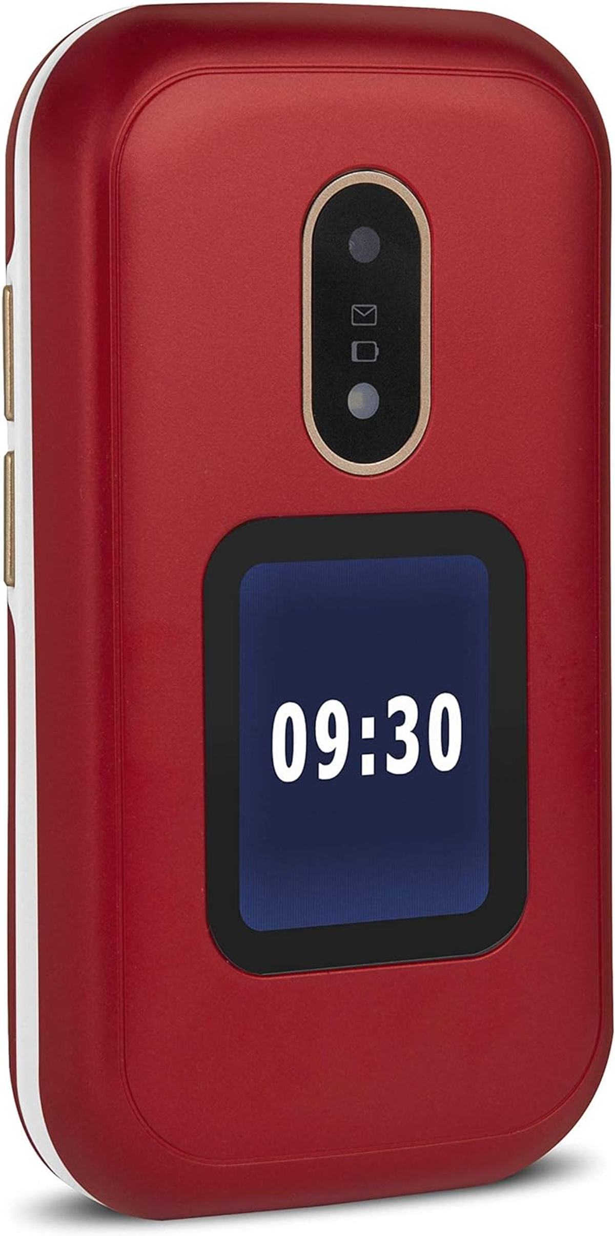 Teléfono plegable rojo, cerrado, con pantalla que muestra 09:30. Detalles blancos y dorados. Primer plano.