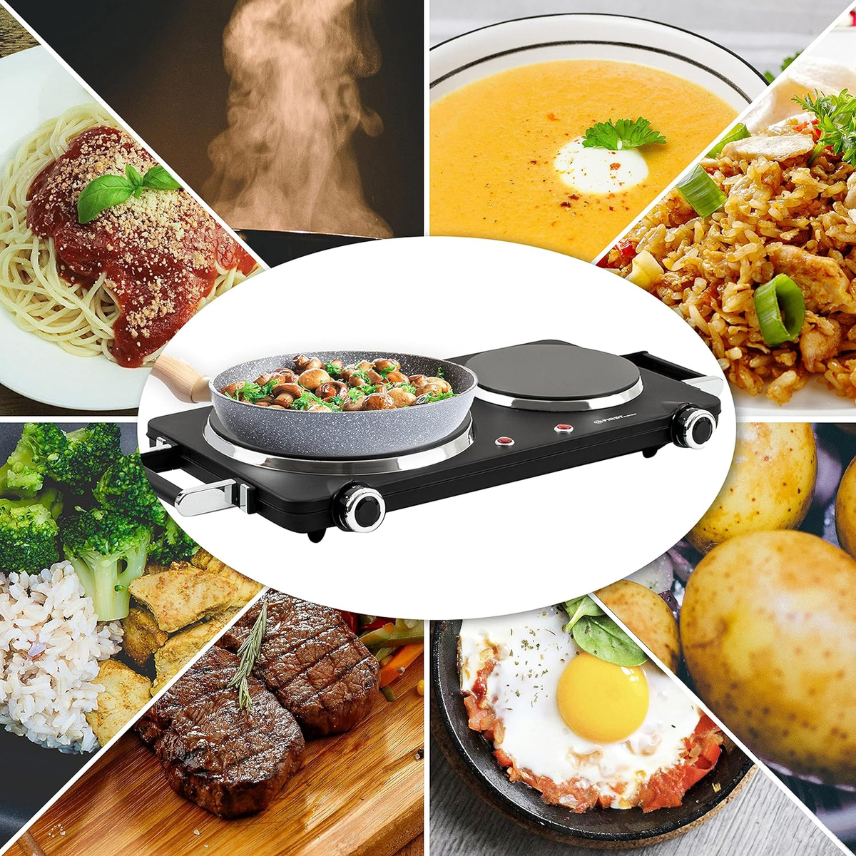 Eine Sammlung von Lebensmitteln: Nudeln, Suppe, gebratener Reis, Brokkoli, Steak, Spiegelei, Kartoffeln und ein Kochgerät.