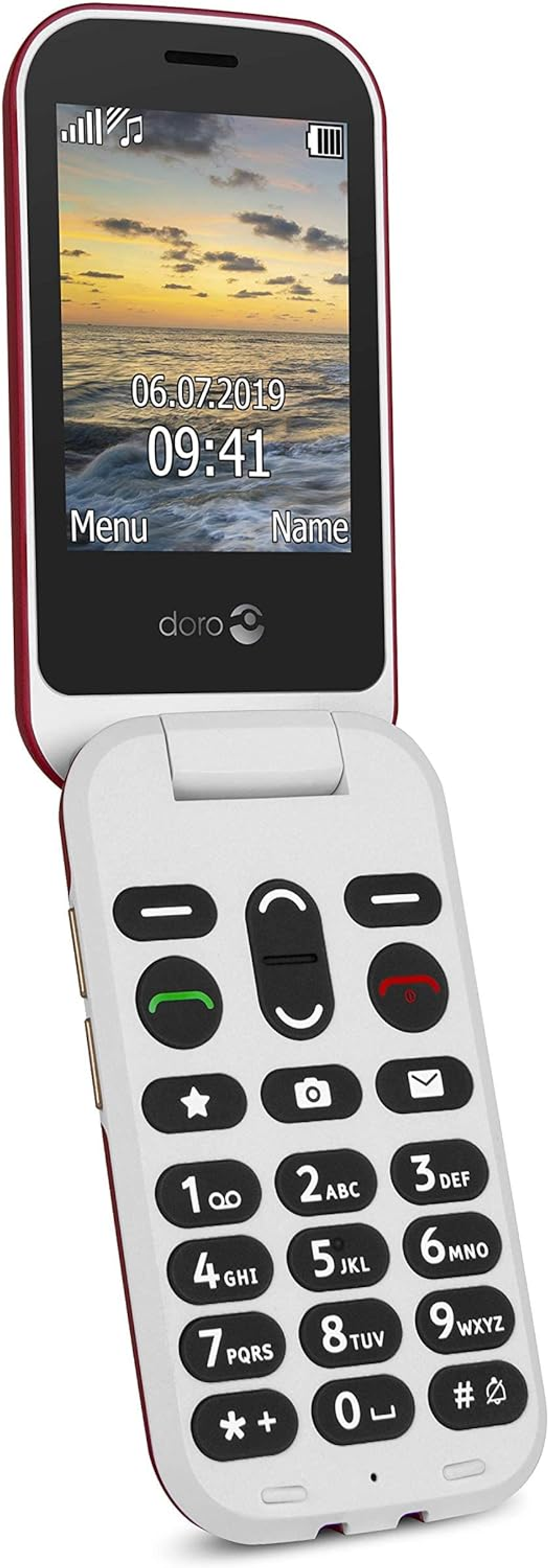 Un teléfono plegable rojo y blanco con una pantalla negra que muestra la hora y una interfaz de usuario.