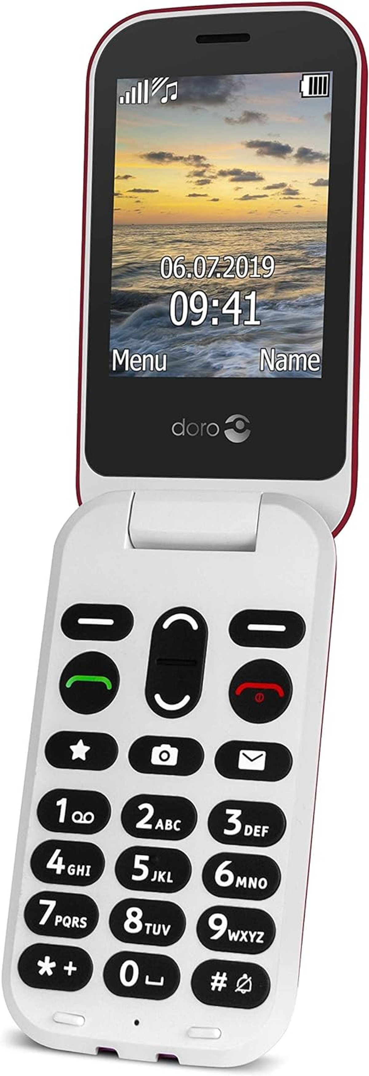 Teléfono plegable blanco y rojo con pantalla que muestra la fecha y hora.
