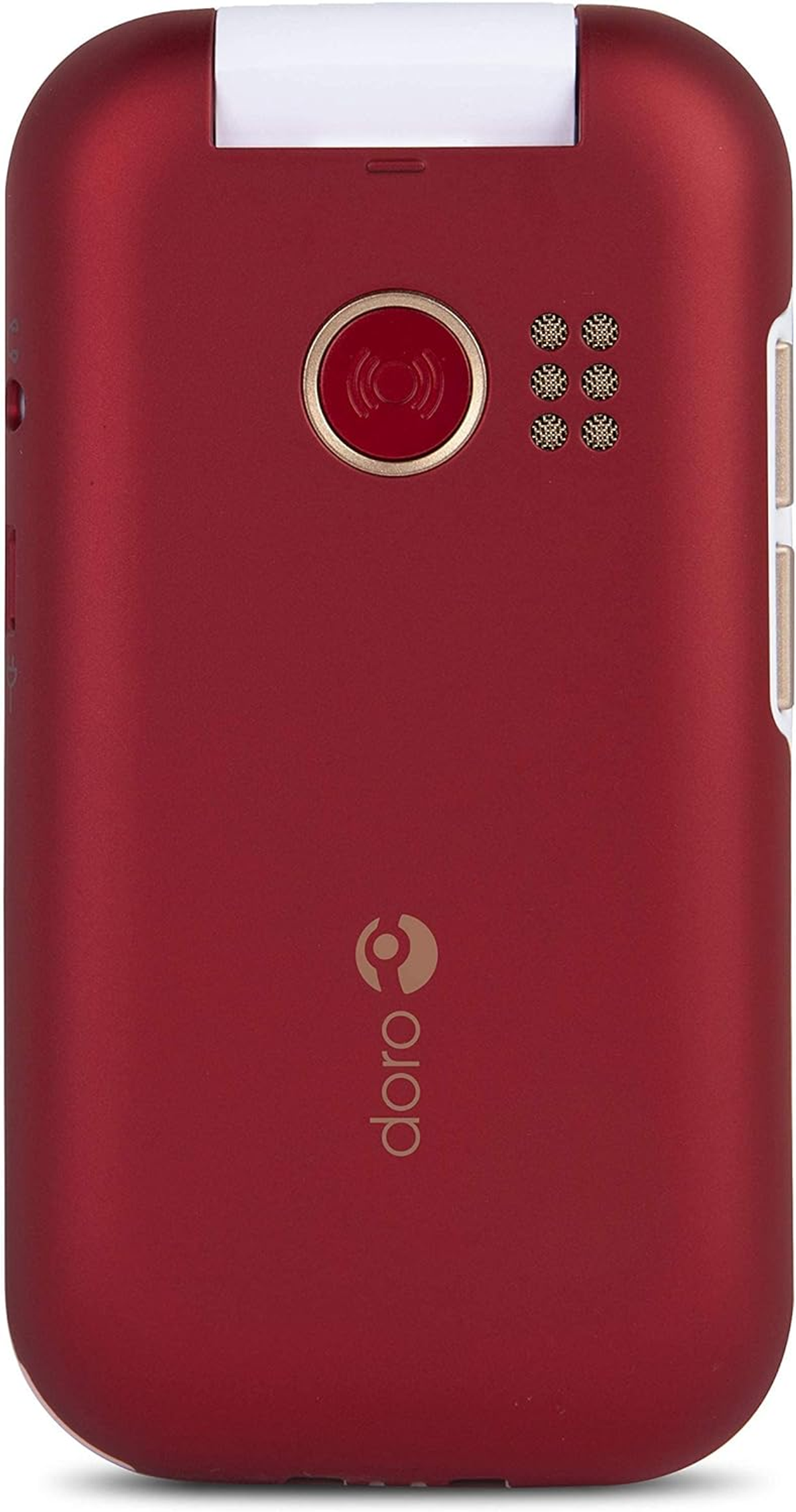 Teléfono plegable rojo, cerrado. Logotipo dorado y 6 botones en la parte trasera. Fondo blanco.