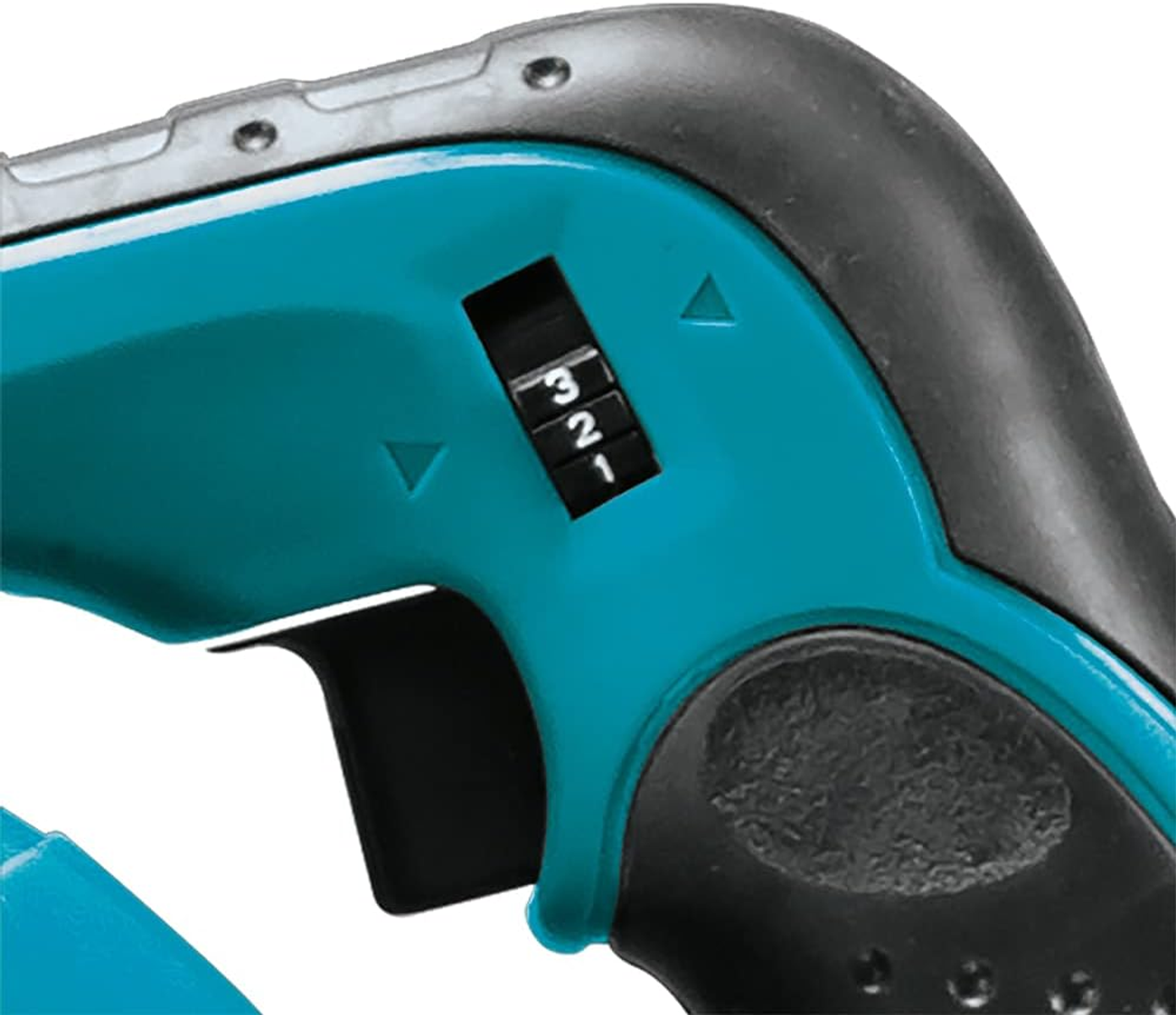 Close-up of a leaf blower's speed selector. Numbers 1, 2, and 3 are visible.