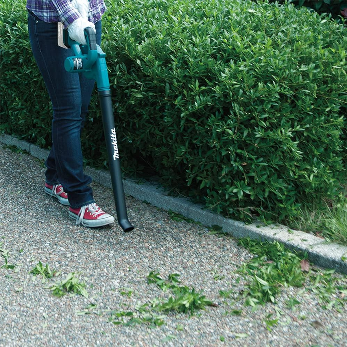 A person using a leaf blower to clear leaves from a stone path. Leaves are on the ground.