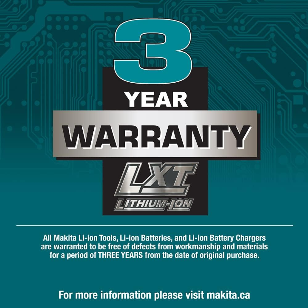 A 3-year warranty is highlighted. Text states all Makita Li-ion tools, batteries, and chargers are covered.