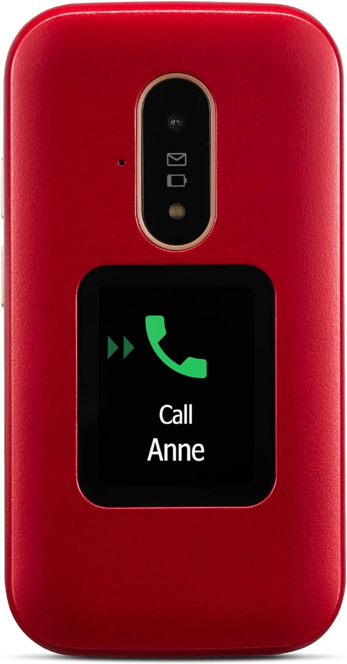 Czerwony telefon z klapką z ekranem wyświetlającym połączenie do Anne. Obecne strzałki i ikona telefonu.