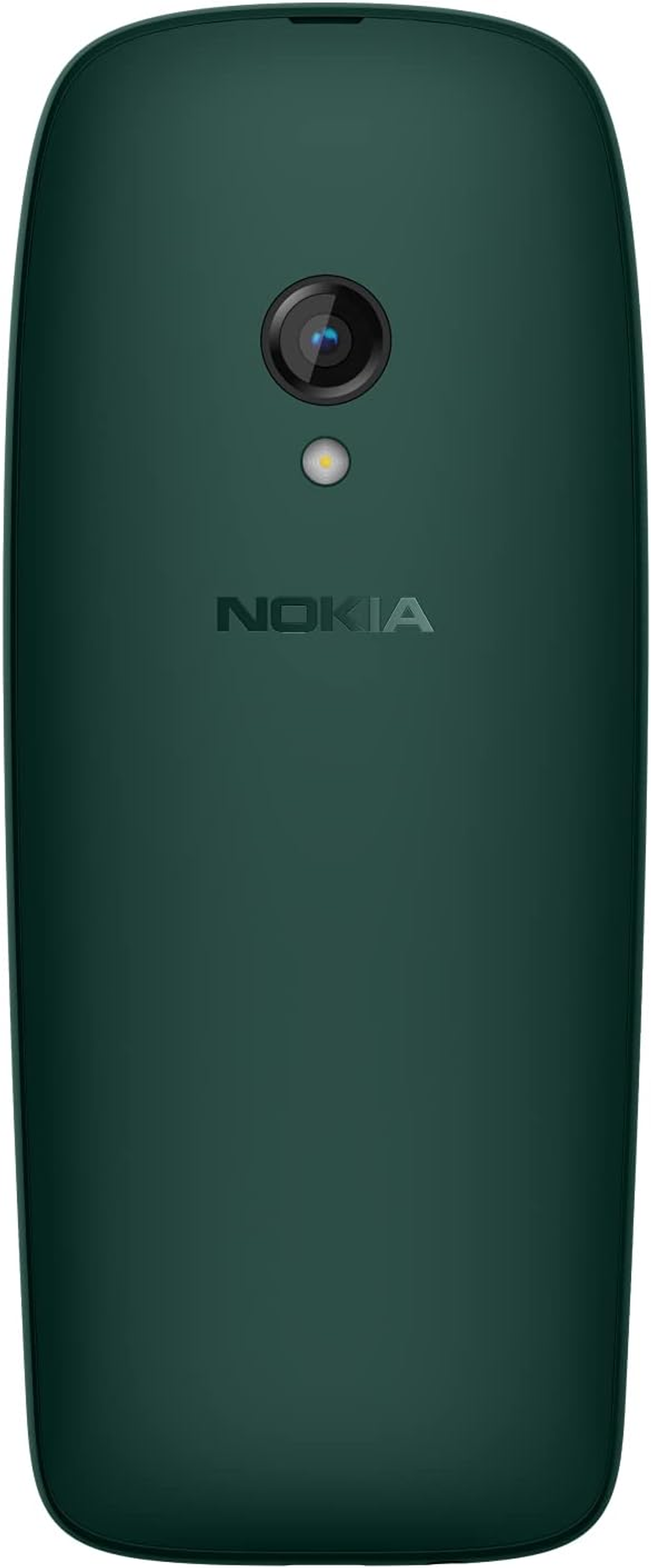 Teléfono Nokia verde. Cámara y flash en la parte superior, logo Nokia en el centro.
