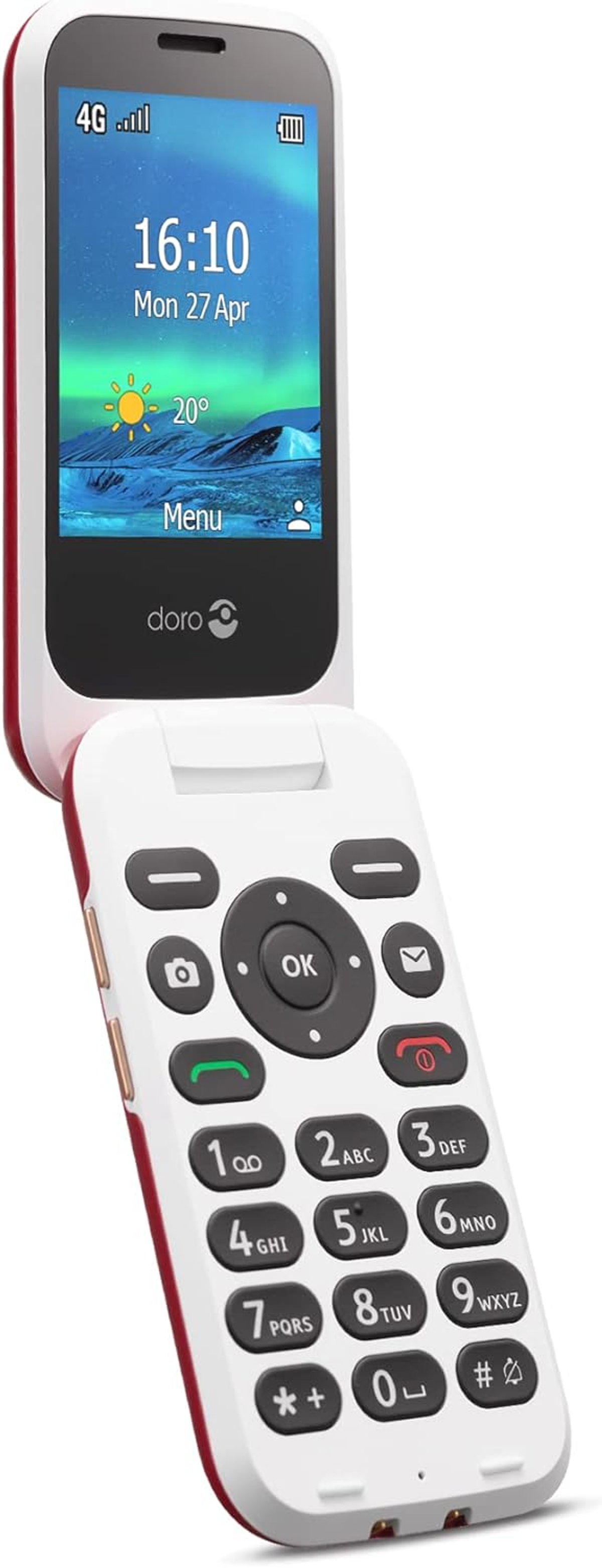 Biały telefon z klapką z czerwonym obramowaniem jest otwarty, wyświetlając godzinę i sygnał.