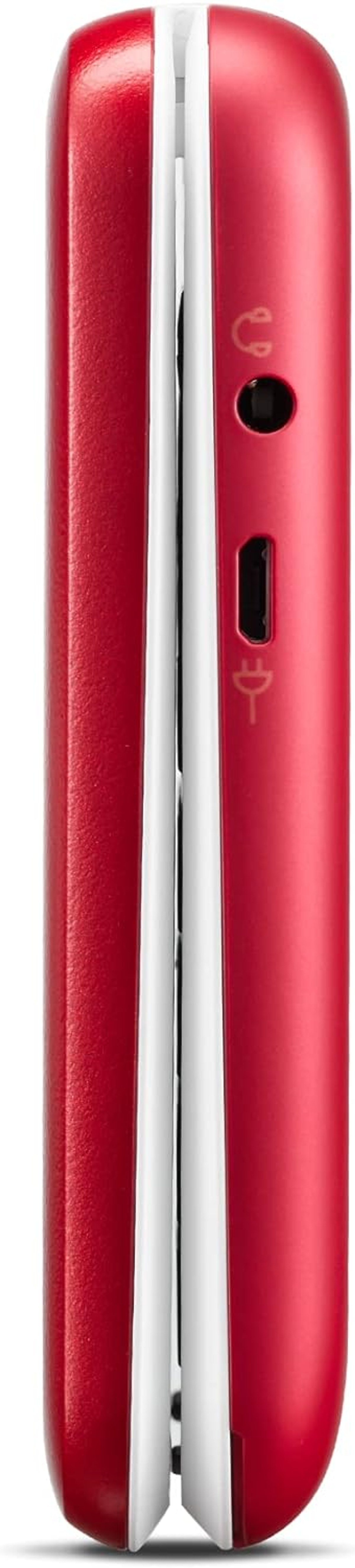 Czerwony telefon z klapką. Telefon ma gniazdo słuchawkowe i port ładowania z boku.