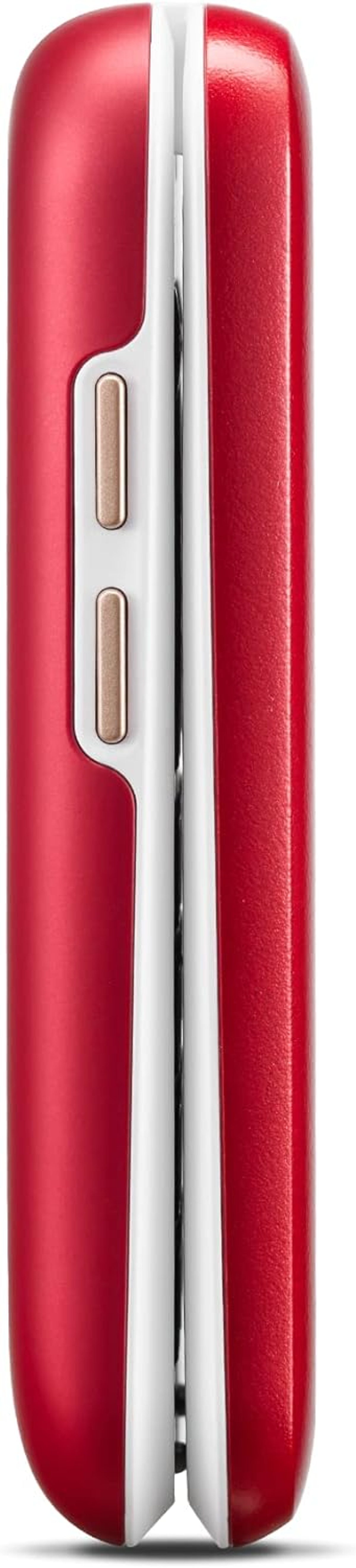 Czerwony zamknięty telefon z klapką z bocznymi przyciskami, białe tło.