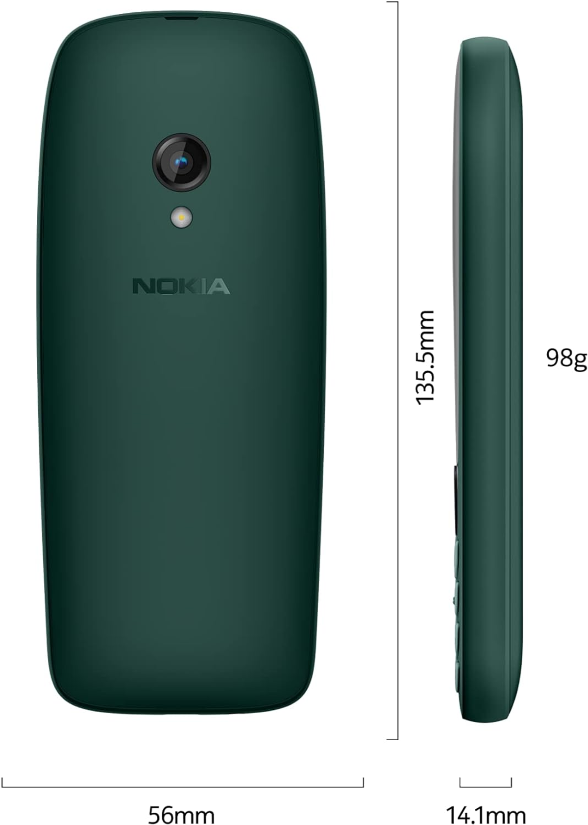 Un teléfono Nokia verde oscuro, con vistas trasera y lateral mostrando dimensiones y cámara.