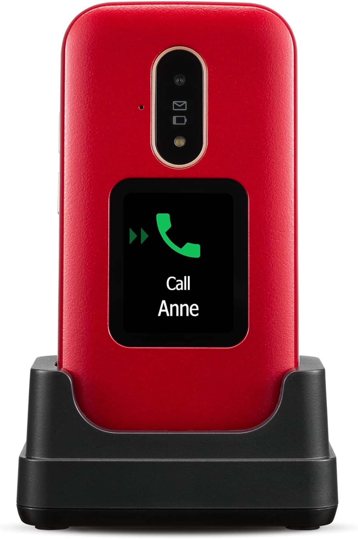 Czerwony telefon z klapką w czarnej stacji ładującej. Ekran wyświetla "Call Anne".