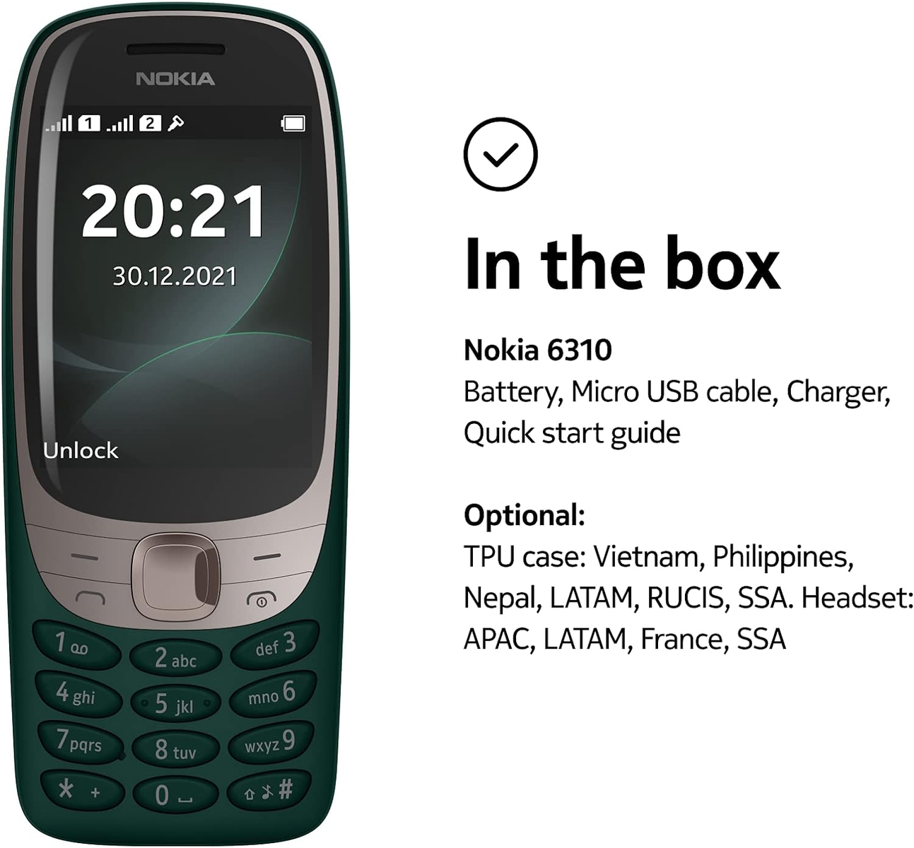 Teléfono Nokia 6310, verde, sobre blanco, con texto: 'En la caja' y accesorios incluidos.