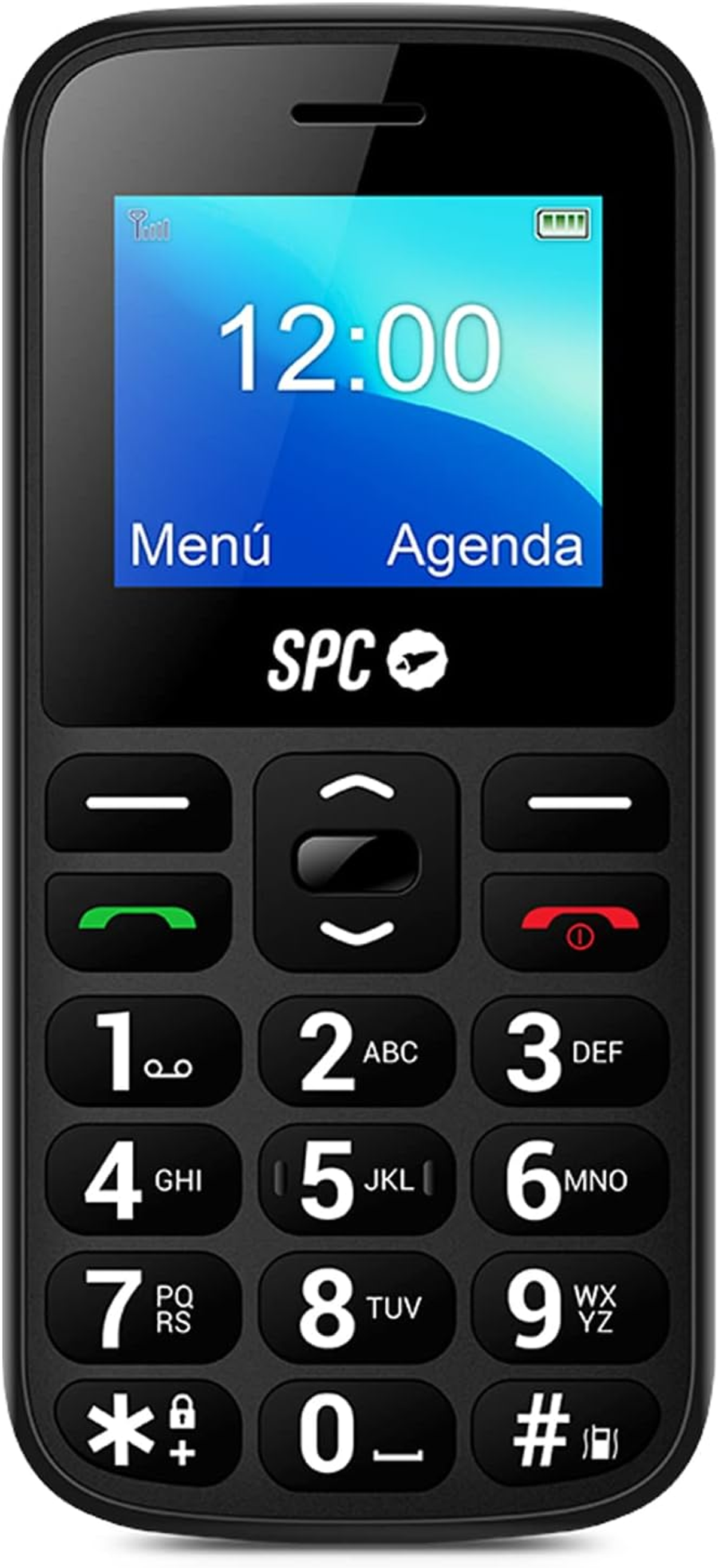 Schwarzes Mobiltelefon mit großen Tasten und einem blauen Bildschirm mit Uhrzeit und Menü.