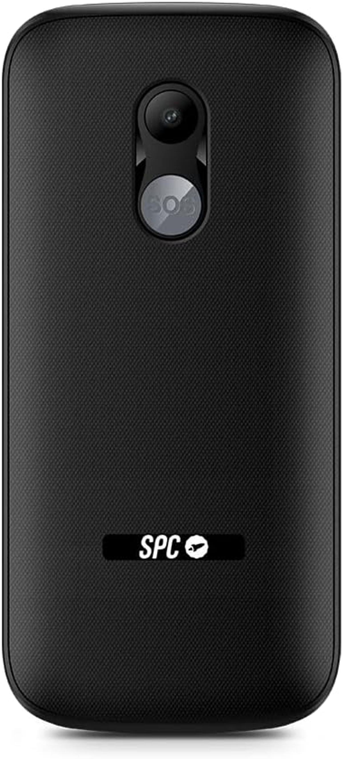 Die Rückseite eines schwarzen Mobiltelefons mit Kamera und dem SPC-Logo.
