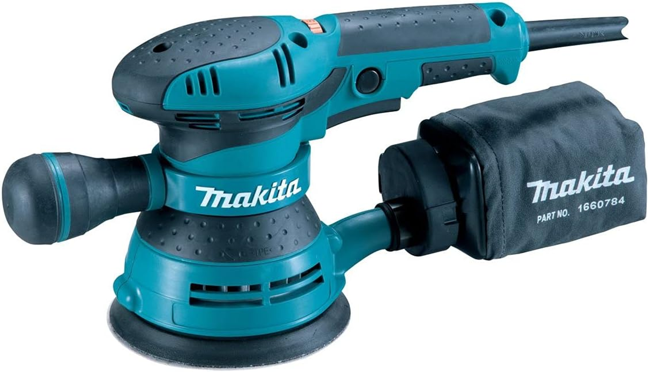 Türkisfarbene Makita-Schleifmaschine mit schwarzem Staubbeutel. Weißer Hintergrund.