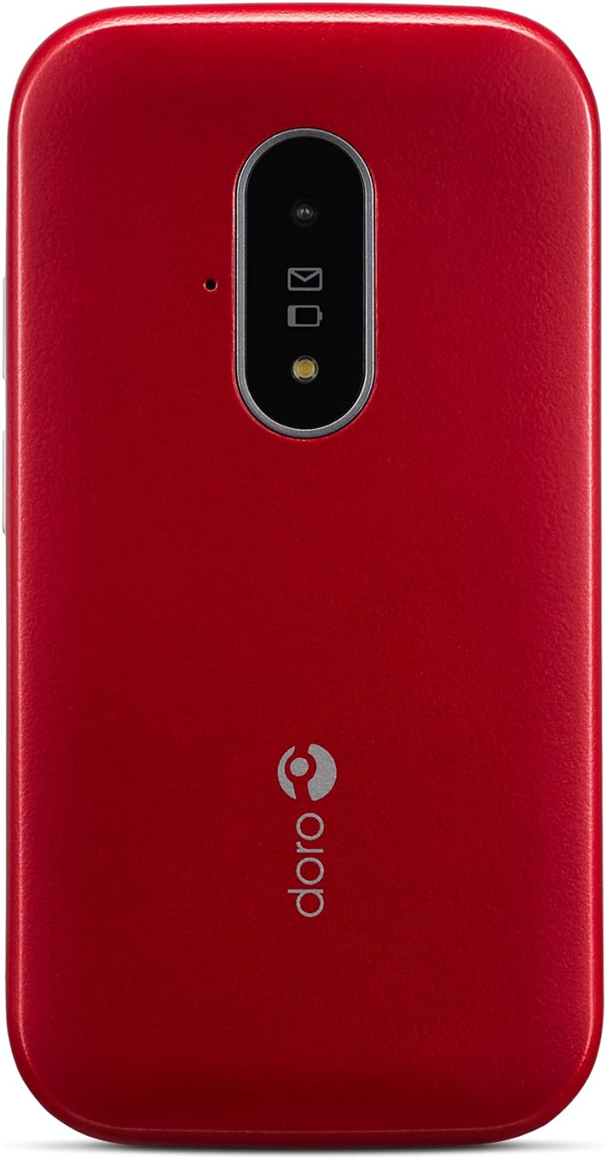 Czerwony telefon Doro z klapką z aparatem, głośnikiem i logo Doro. Prosty, gładki design.