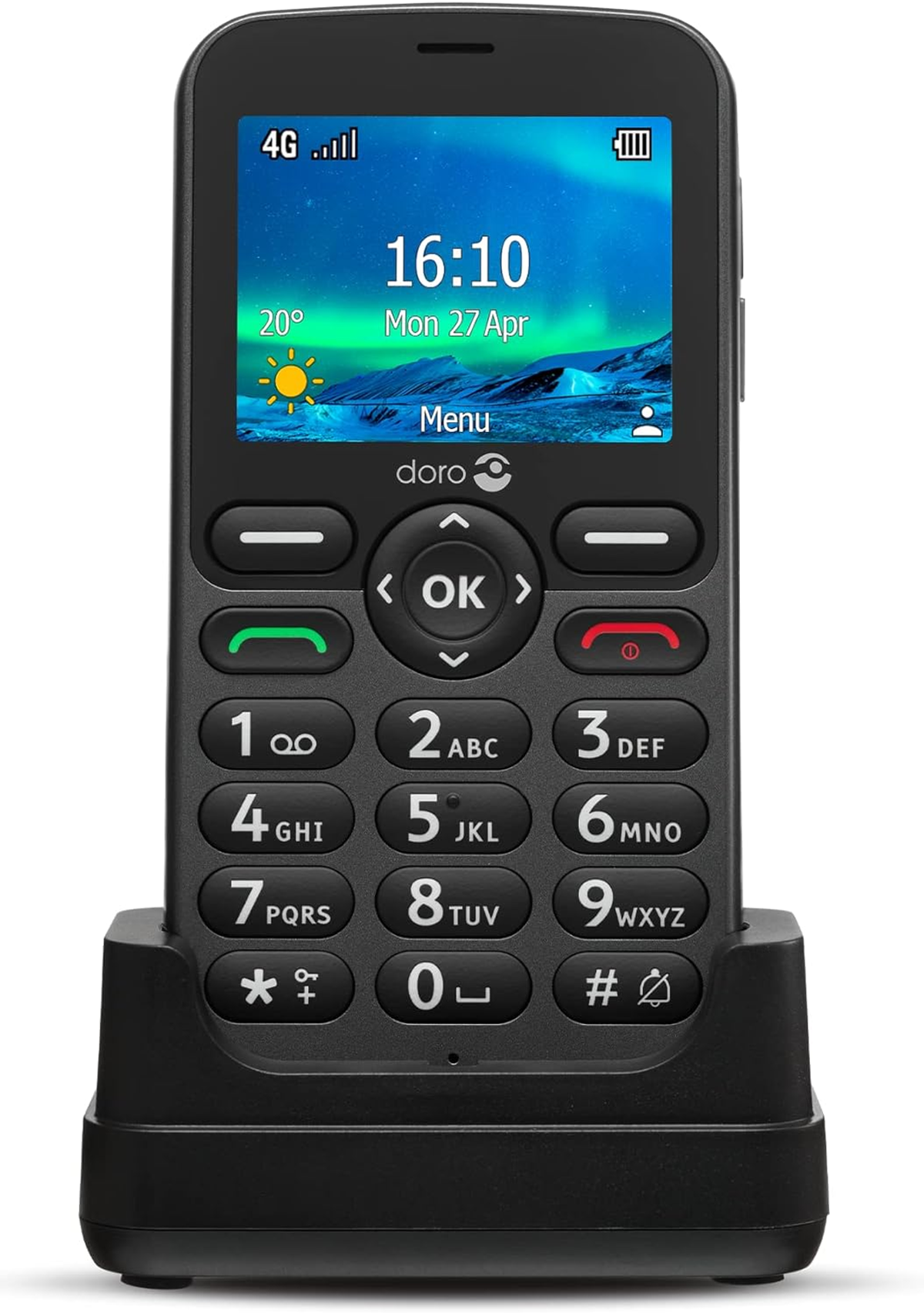Zwarte Doro-telefoon op een oplaadstation, met digitale klok en weerinfo.