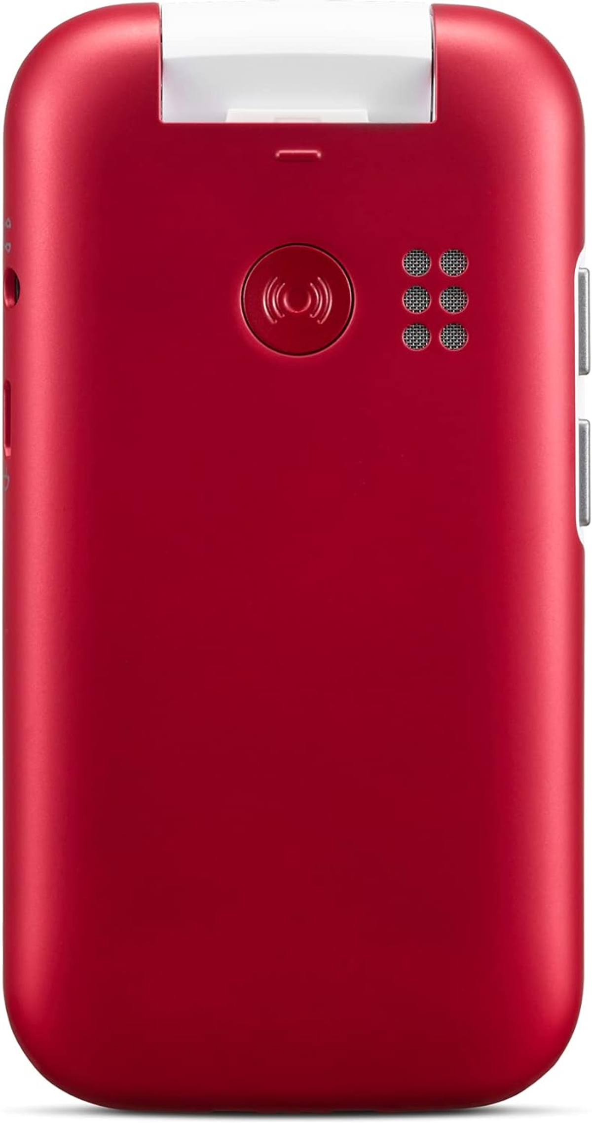 Czerwony telefon z klapką, zamknięty. Ma okrągły przycisk i otwory na głośnik. Białe tło.