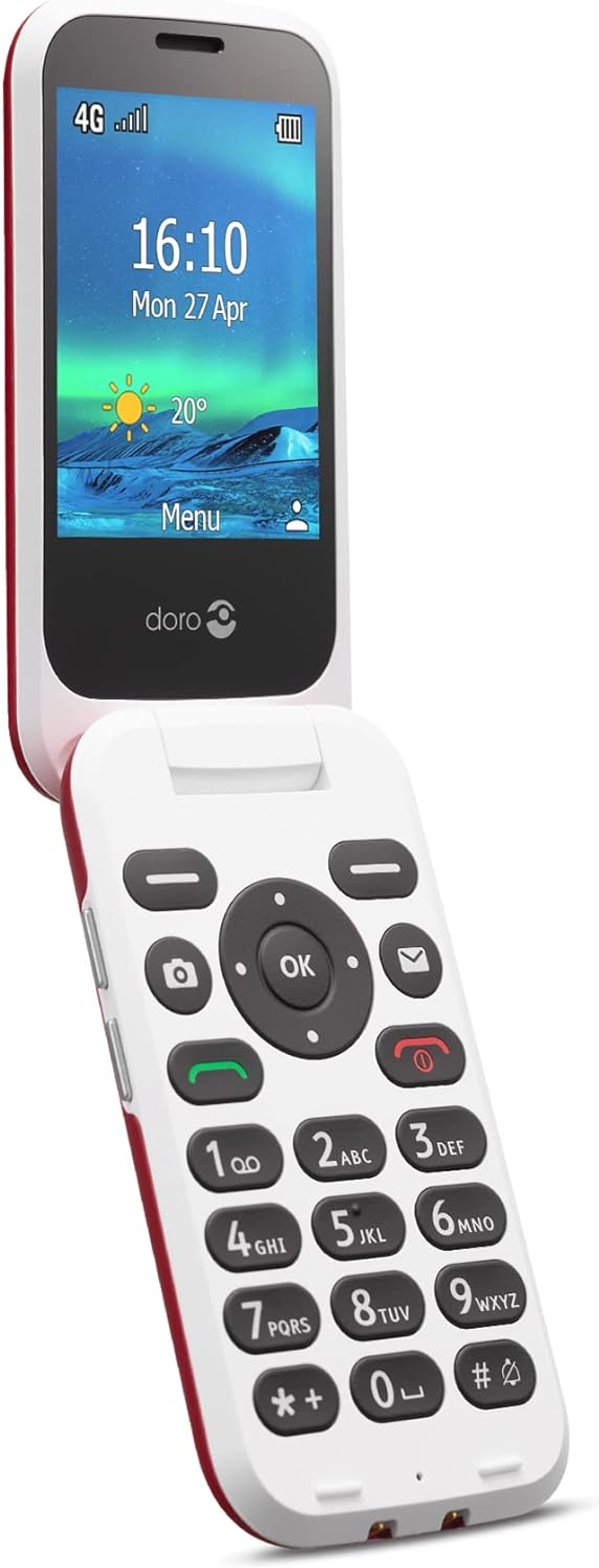 Biało-czerwony telefon z klapką z ekranem wyświetlającym godzinę i klawiaturą z dużymi przyciskami.