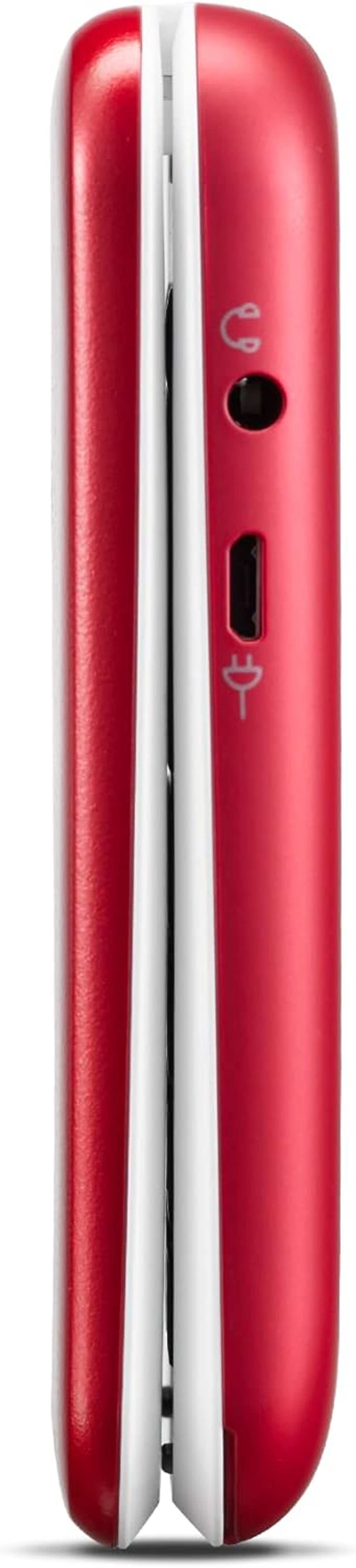 Czerwony telefon z białą stroną. Bok telefonu ma port słuchawkowy i ładowania.