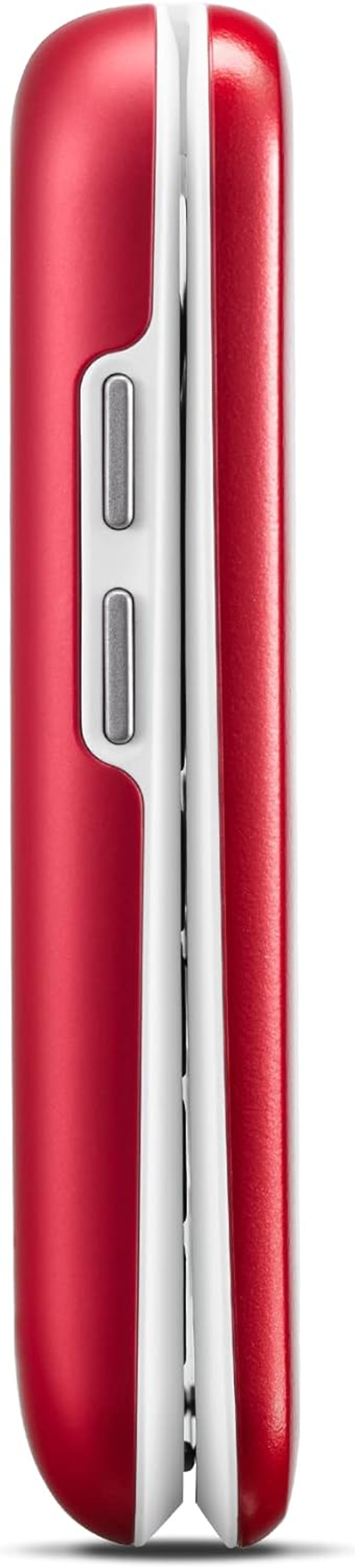 Czerwono-biały telefon z klapką pokazany z boku. Przyciski są z boku.