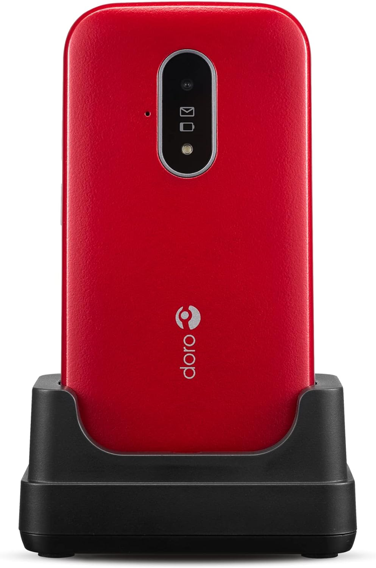 Czerwony telefon Doro z klapką na czarnej podstawce ładującej.