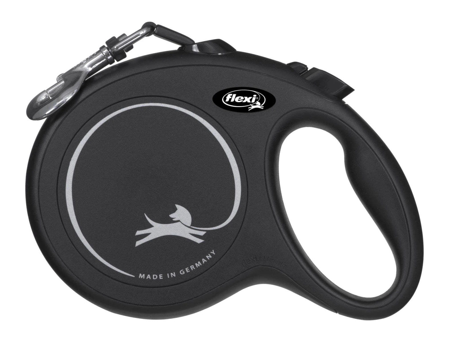 Schwarze, einziehbare Hundeleine mit weißem Flexi-Logo. Die Leine ist geschlossen.