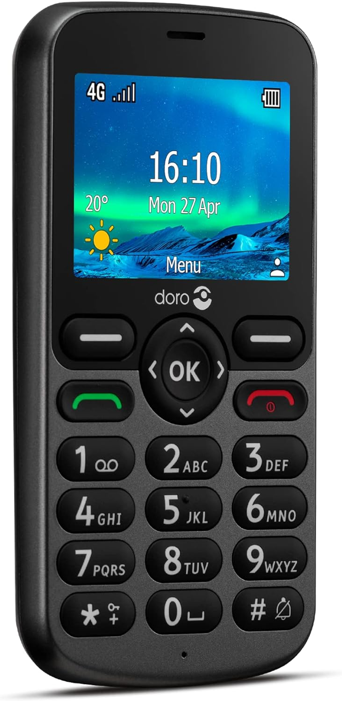 Zwarte mobiele telefoon met een display met tijd en weer. Het heeft grote knoppen en een luidspreker.