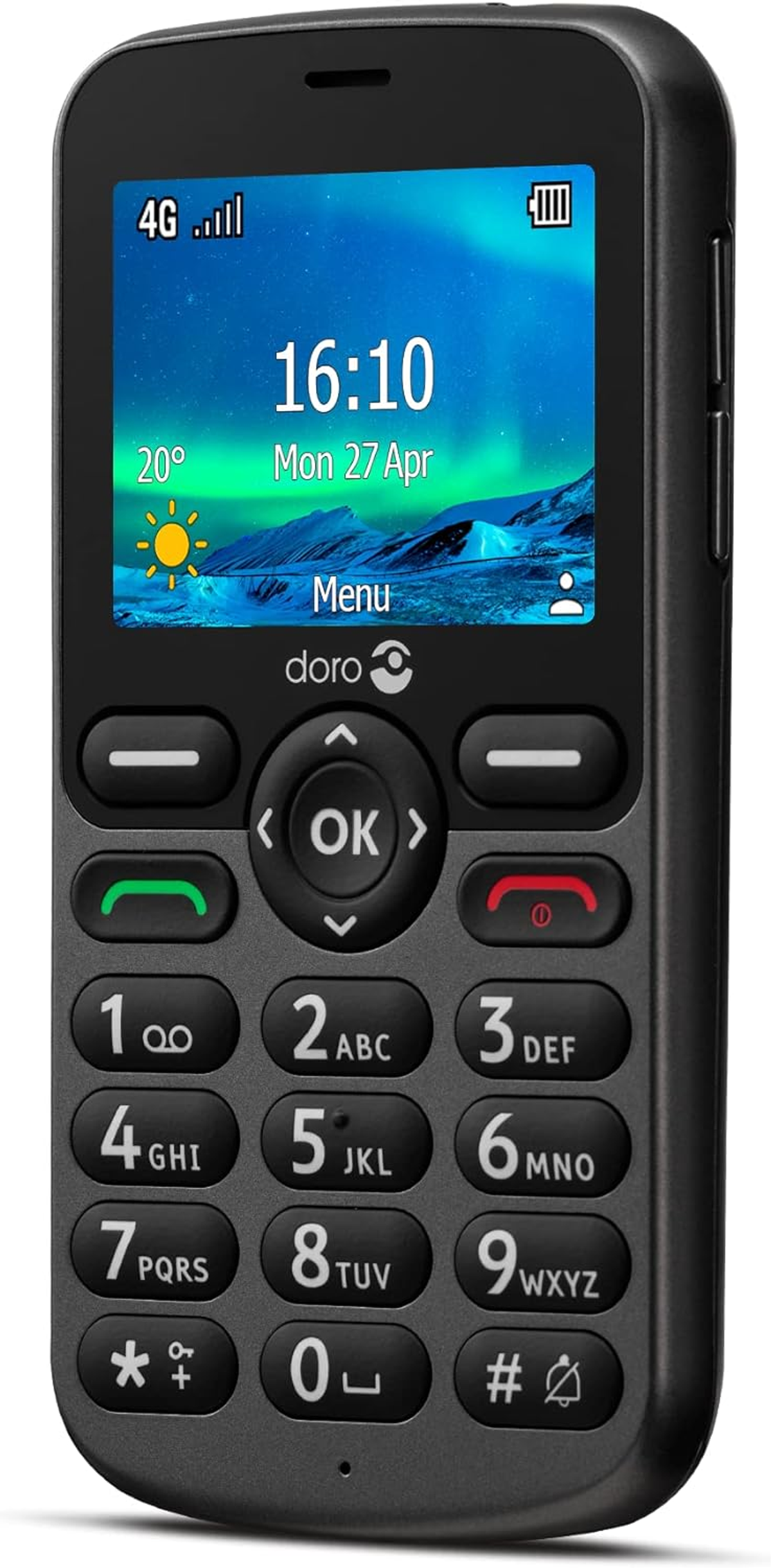Zwarte Doro-telefoon met grote knoppen en een scherm met tijd, datum en weersymbolen. 4G-signaal.