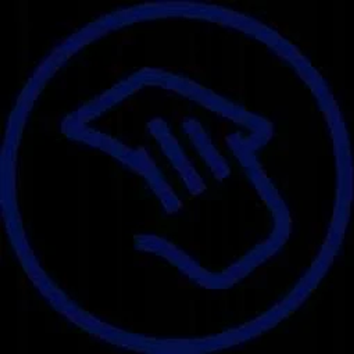 Niebieski kontur dłoni wewnątrz niebieskiego koła na czarnym tle.