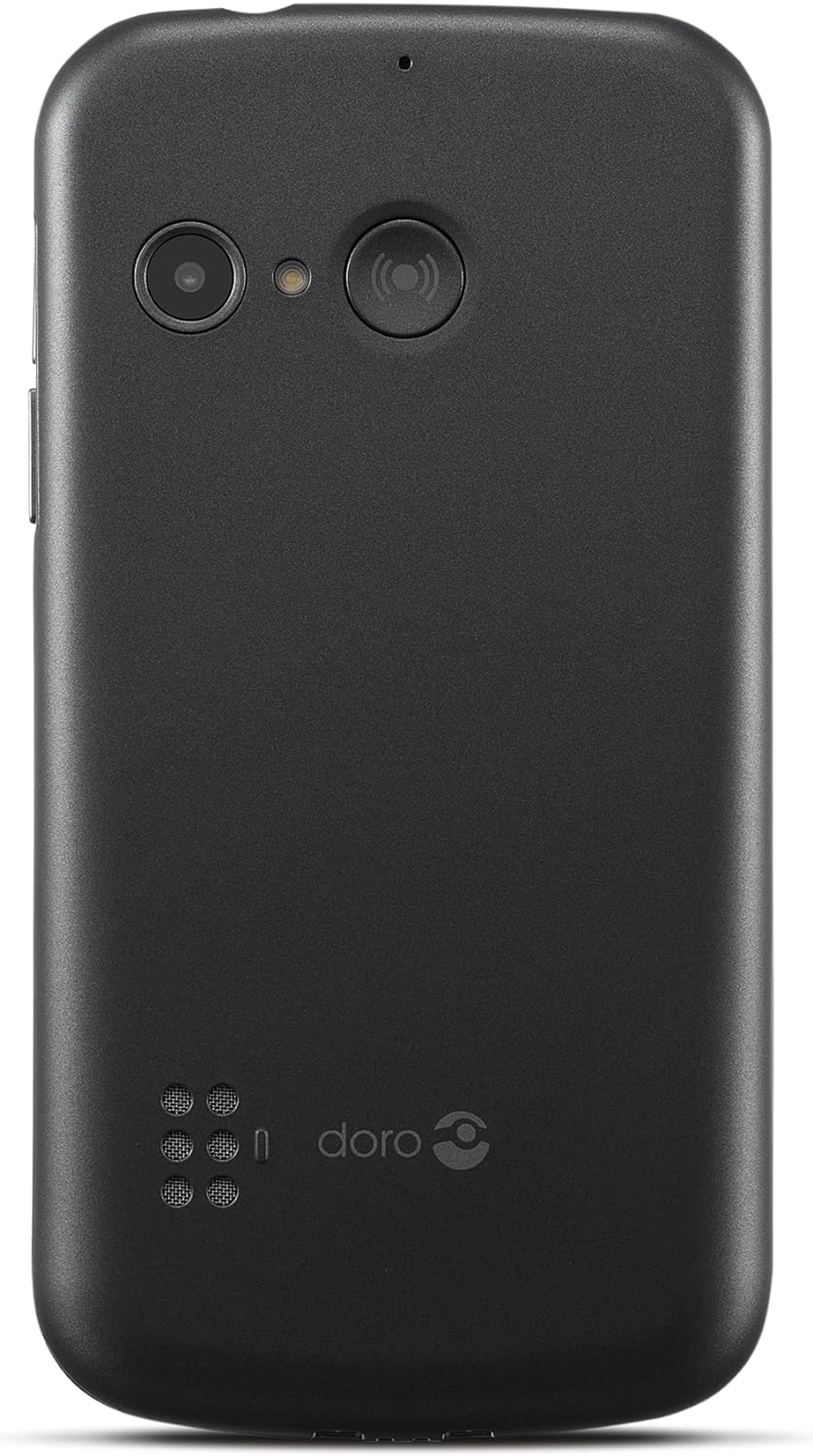 Parte trasera de un teléfono Doro negro. Tiene dos cámaras, orificios para altavoz y un botón de llamada.