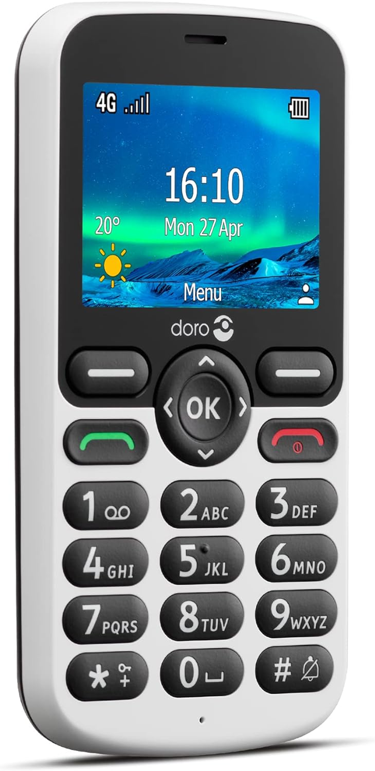 Un teléfono Doro blanco y negro con una pantalla grande que muestra la hora, el clima y la señal.