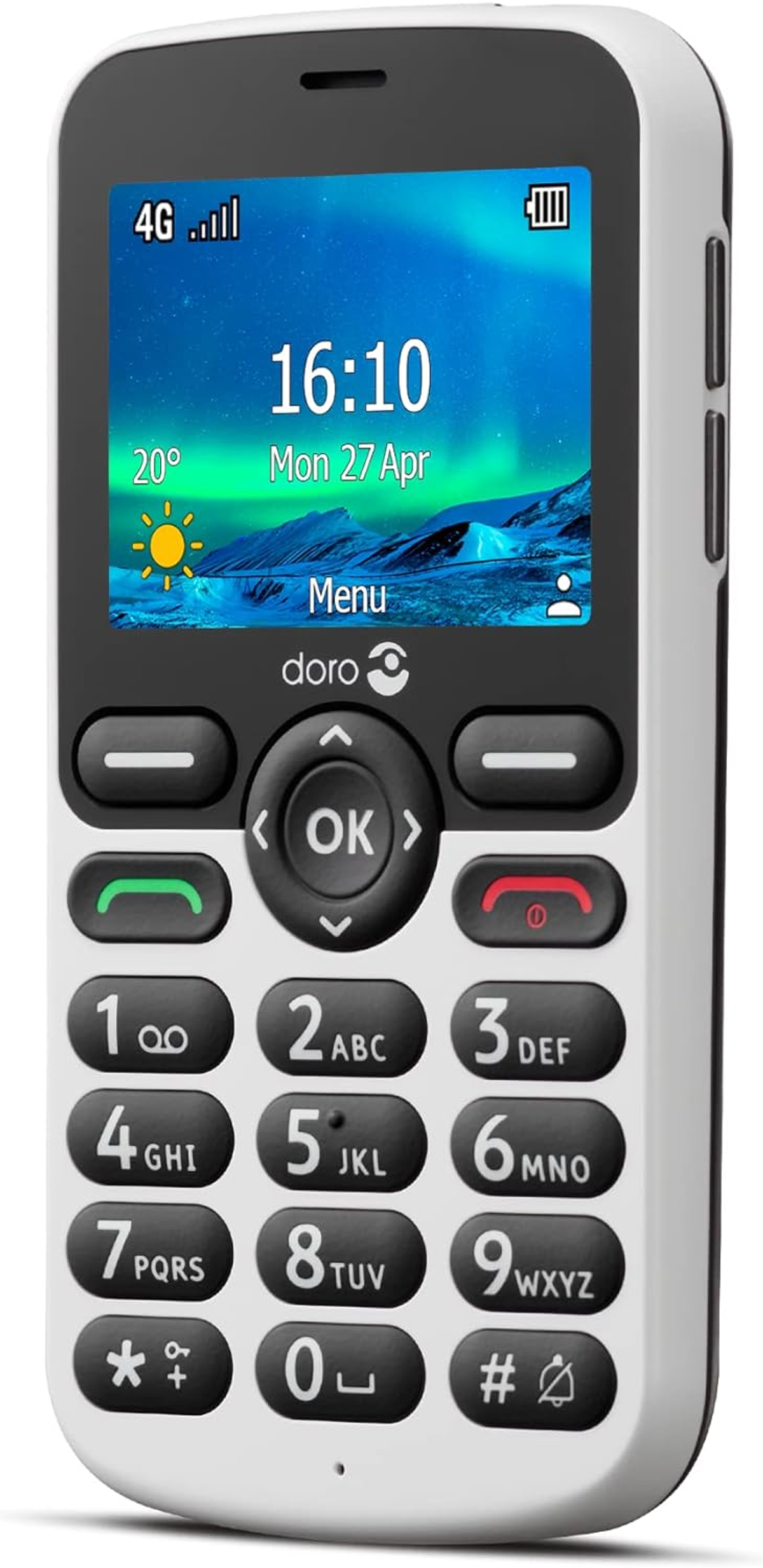 Un smartphone Doro blanco con botones grandes. La pantalla muestra la hora, el tiempo y un icono de menú.