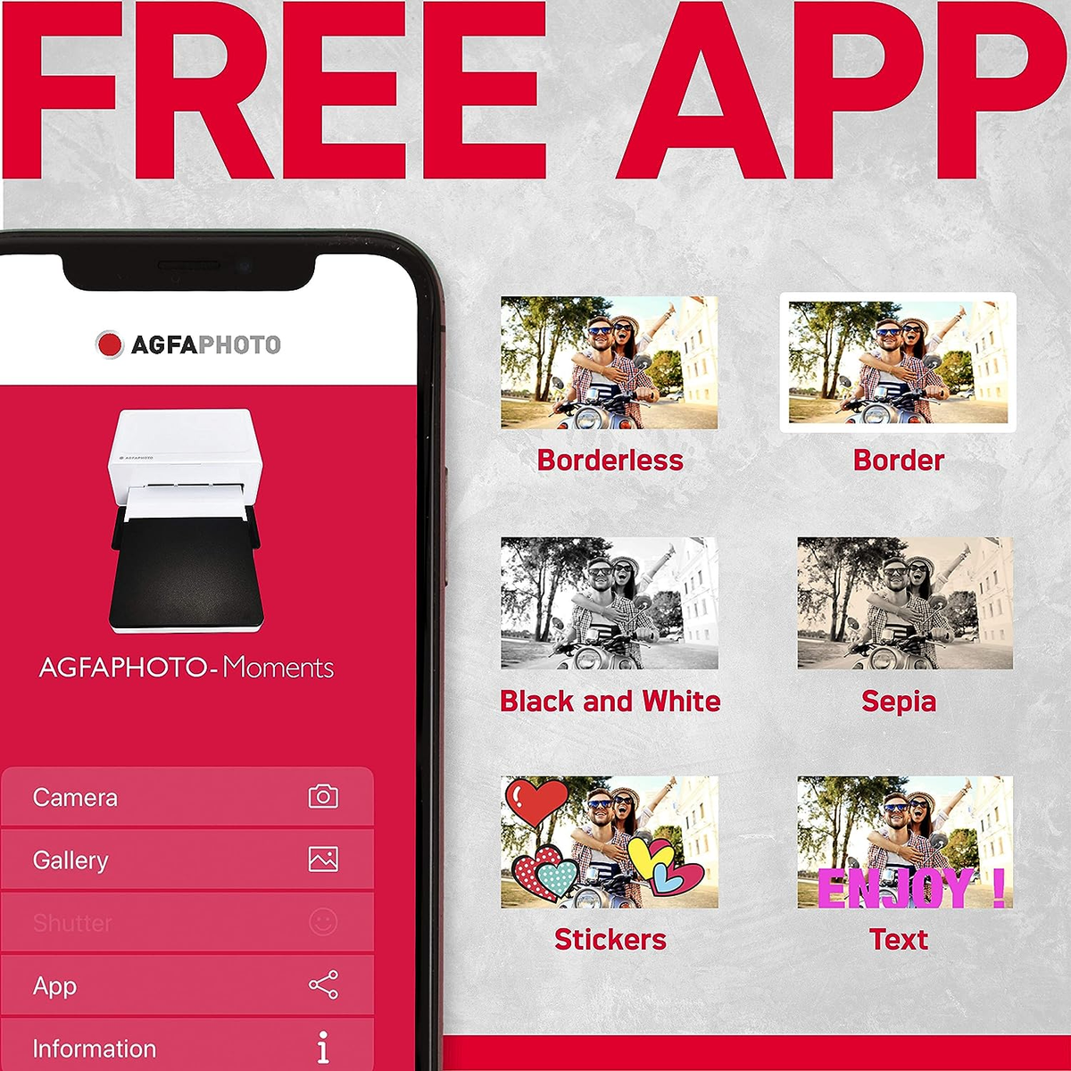 Obraz przedstawia telefon wyświetlający aplikację drukarki fotograficznej z opcjami edycji i czerwonym napisem "FREE APP" na górze.