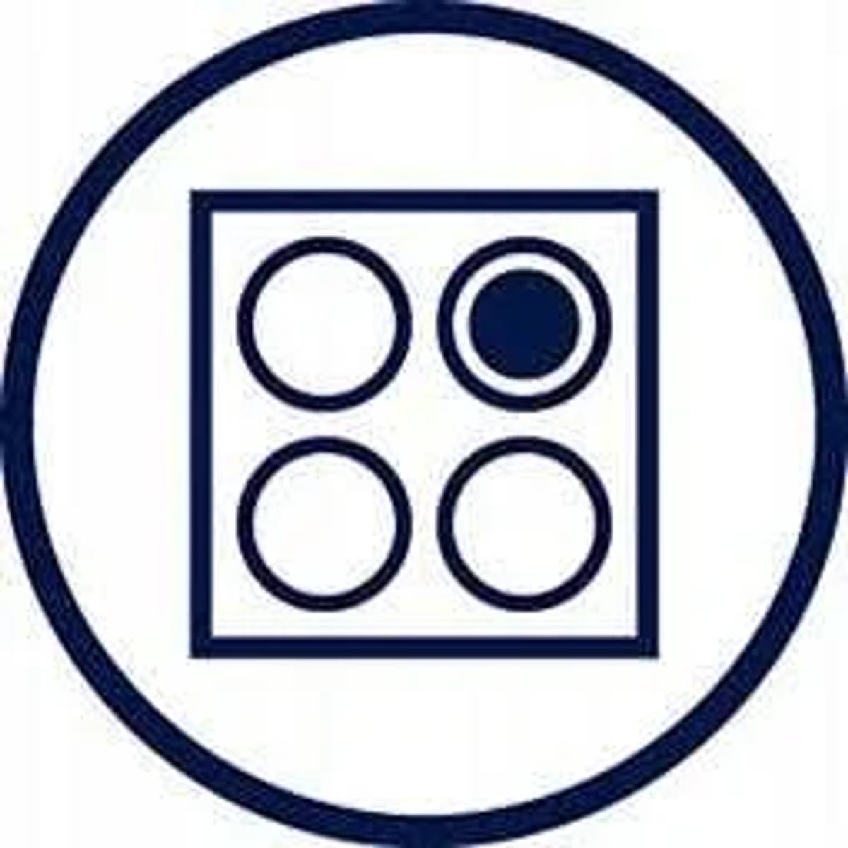 Ikona panelu sterowania płyty grzejnej. Cztery palniki, jeden aktywny. Ciemnoniebieskie koło.