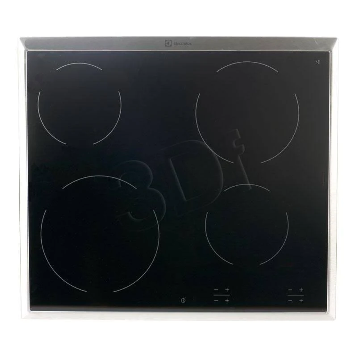 Czarna płyta indukcyjna ze szkła z czterema okrągłymi elementami grzejnymi. Powierzchnia jest czarna.