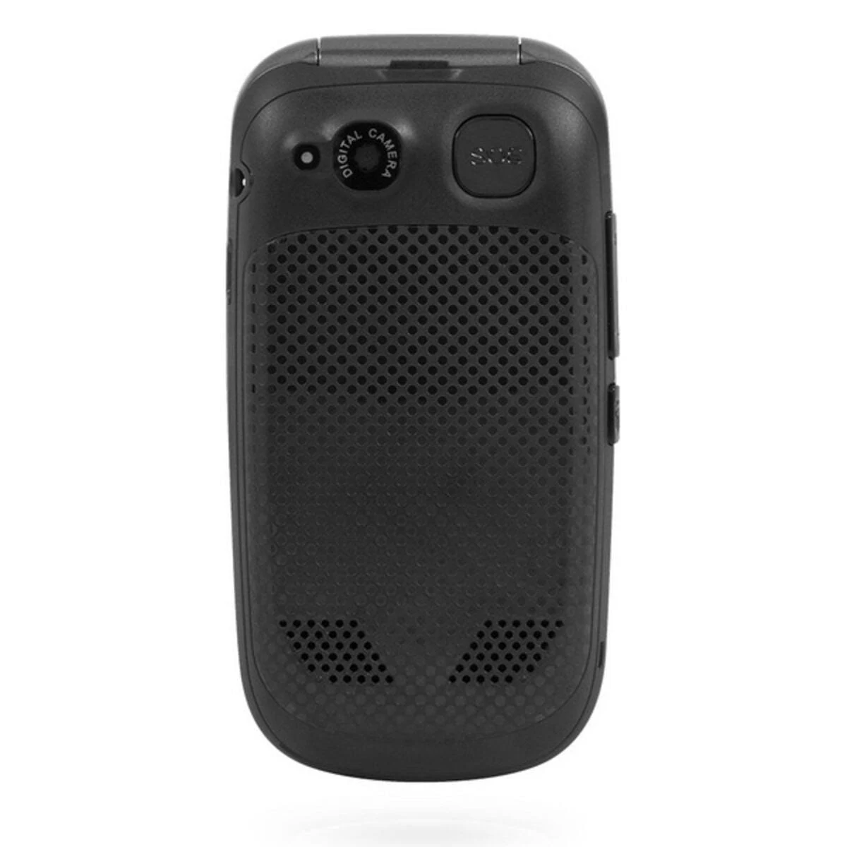 Un teléfono plegable negro con una pequeña cámara digital y altavoz, contra un fondo blanco.