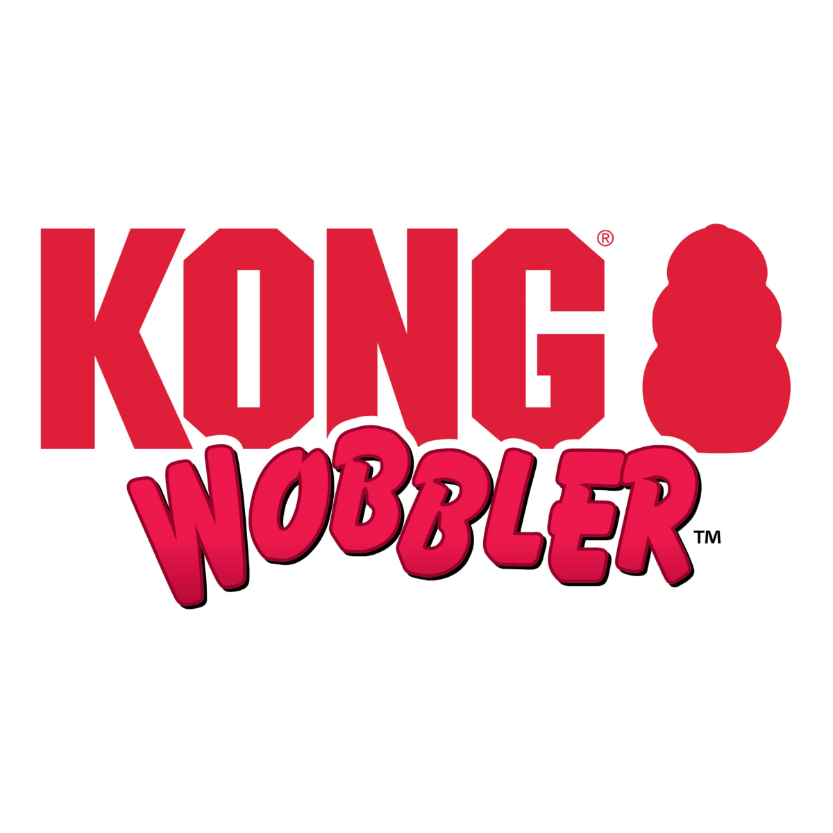 Czerwone logo Kong Wobbler z czerwoną ilustracją zabawki dla psa na białym tle.