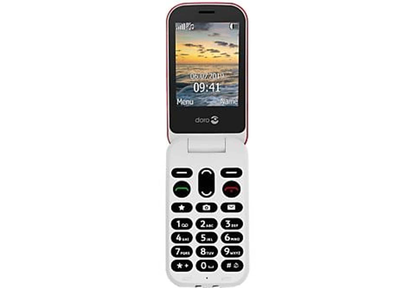 Un teléfono plegable blanco y rojo abierto, mostrando la hora, la fecha y una pantalla de menú.