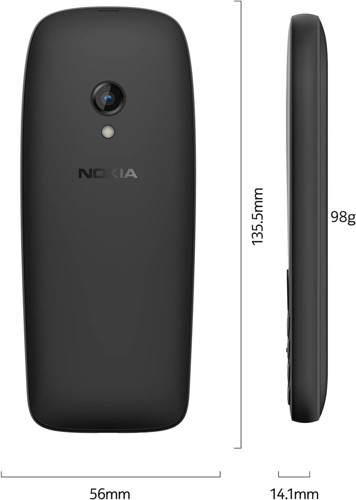 Schwarzes Nokia-Telefon, Kameralinse und Nokia-Logo. 56 mm breit, 135,5 mm hoch und 14,1 mm dick, wiegt 98 g.