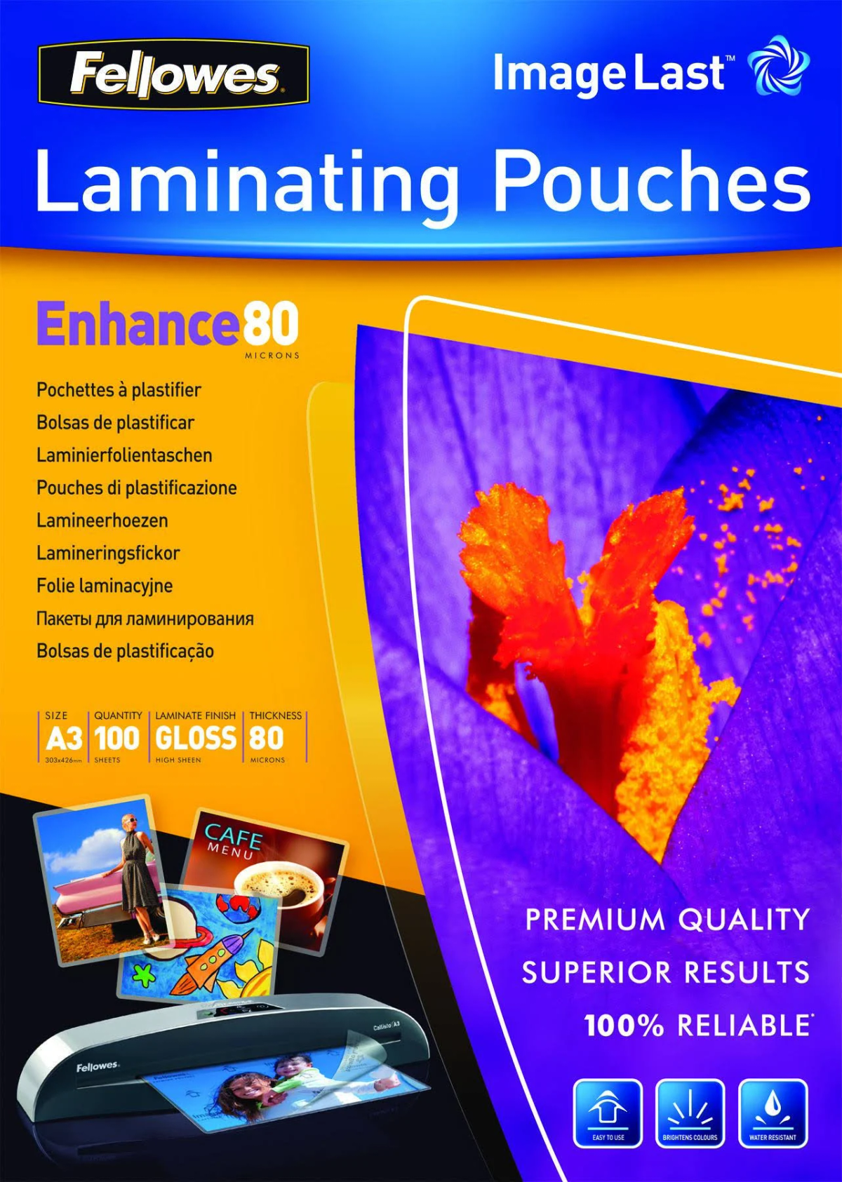 Verpackung von Fellowes Laminierfolien. Zeigt Folien und ein Laminiergerät.