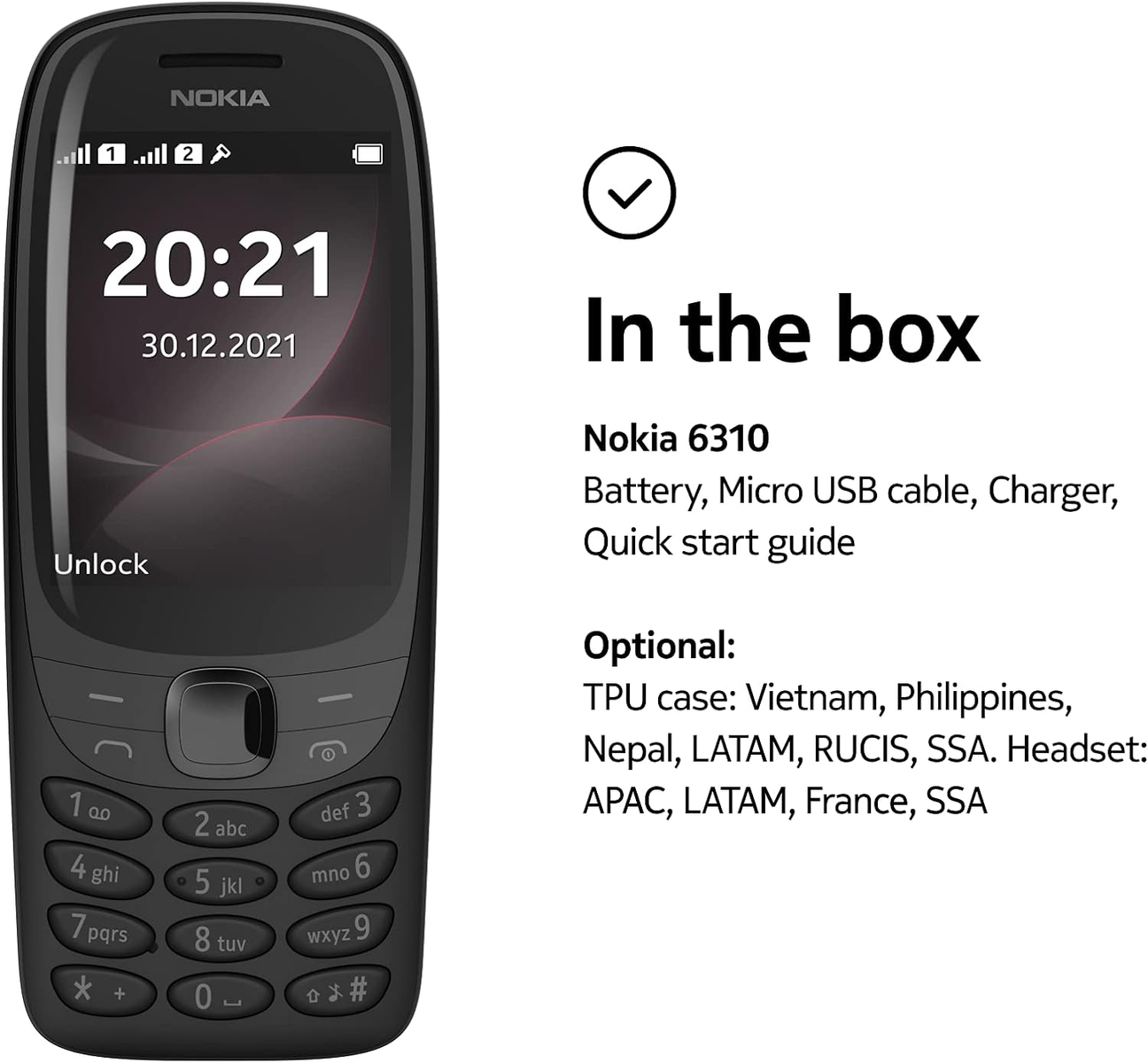 Schwarzes Nokia 6310 Telefon und ein Textfeld mit Details zu Akku, Ladegerät und optionalem Zubehör.