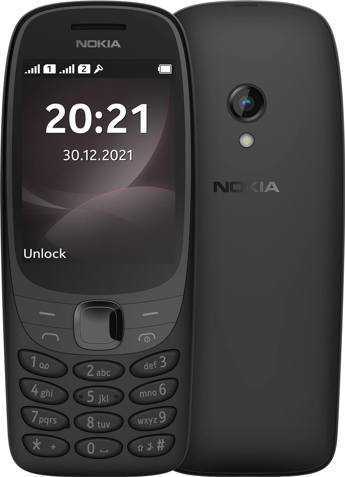 Schwarzes Nokia-Telefon, Vorder- und Rückansicht. Zeigt den Bildschirm mit Uhrzeit und Datum. Tastatur sichtbar.