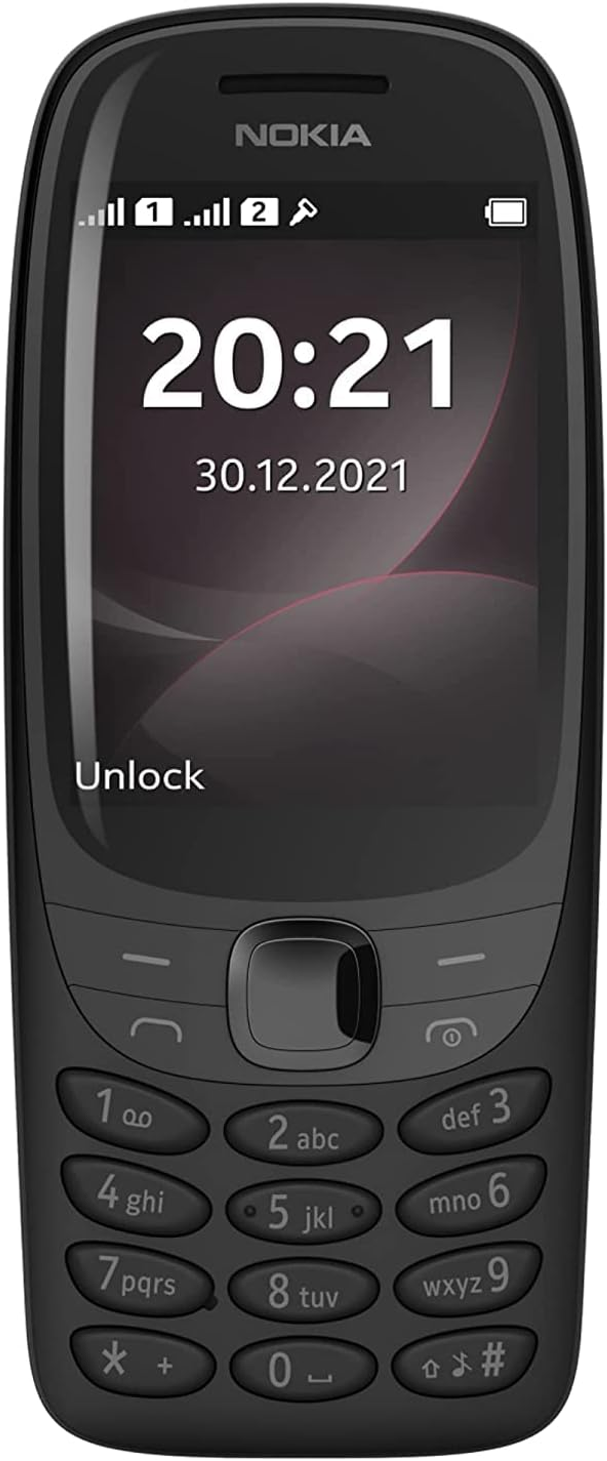 Nokia-Telefon, das die Uhrzeit und das Datum anzeigt. Das Telefon ist schwarz.