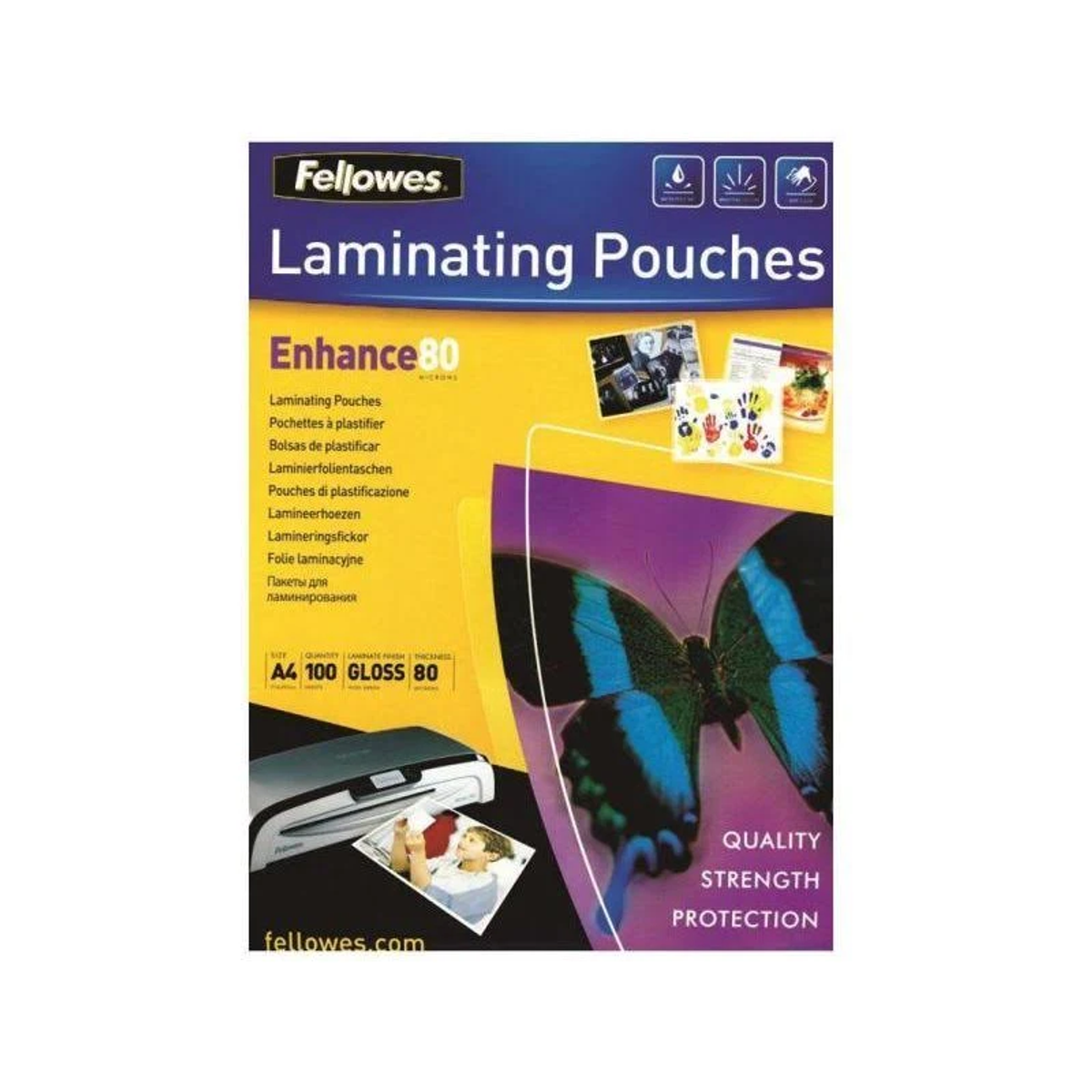 Fellowes Laminierfolienbox. A4, 100 glänzend 80. Enthält einen Laminator und ein Schmetterlingsbild.