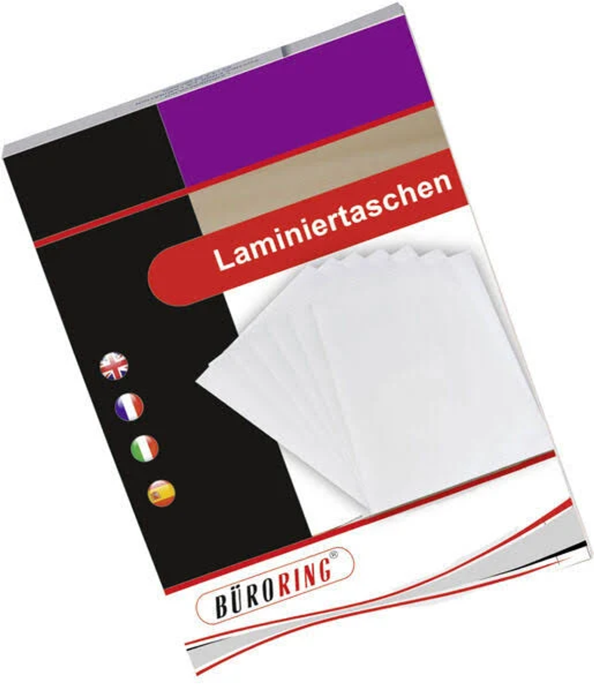 Eine schräg gestellte Packung Laminierfolien mit Text.