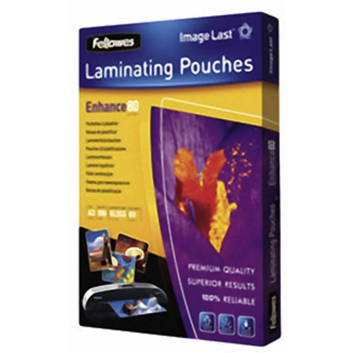 Eine Schachtel mit Fellowes Laminierfolien. Sie zeigt ein laminiertes Bild von Feuer und einem Laminiergerät.